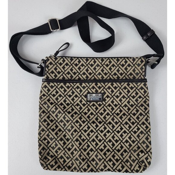 Tommy Hilfiger Logo Cross Body Purse Shoulder Bag Black Tan Zippered 10" x 10.5" - Picture 1 of 9